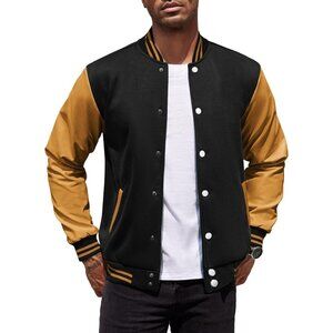 Men's Varsity Jacket Slim Cotton Letterman Baseball Bomber Jackets Black Yellow